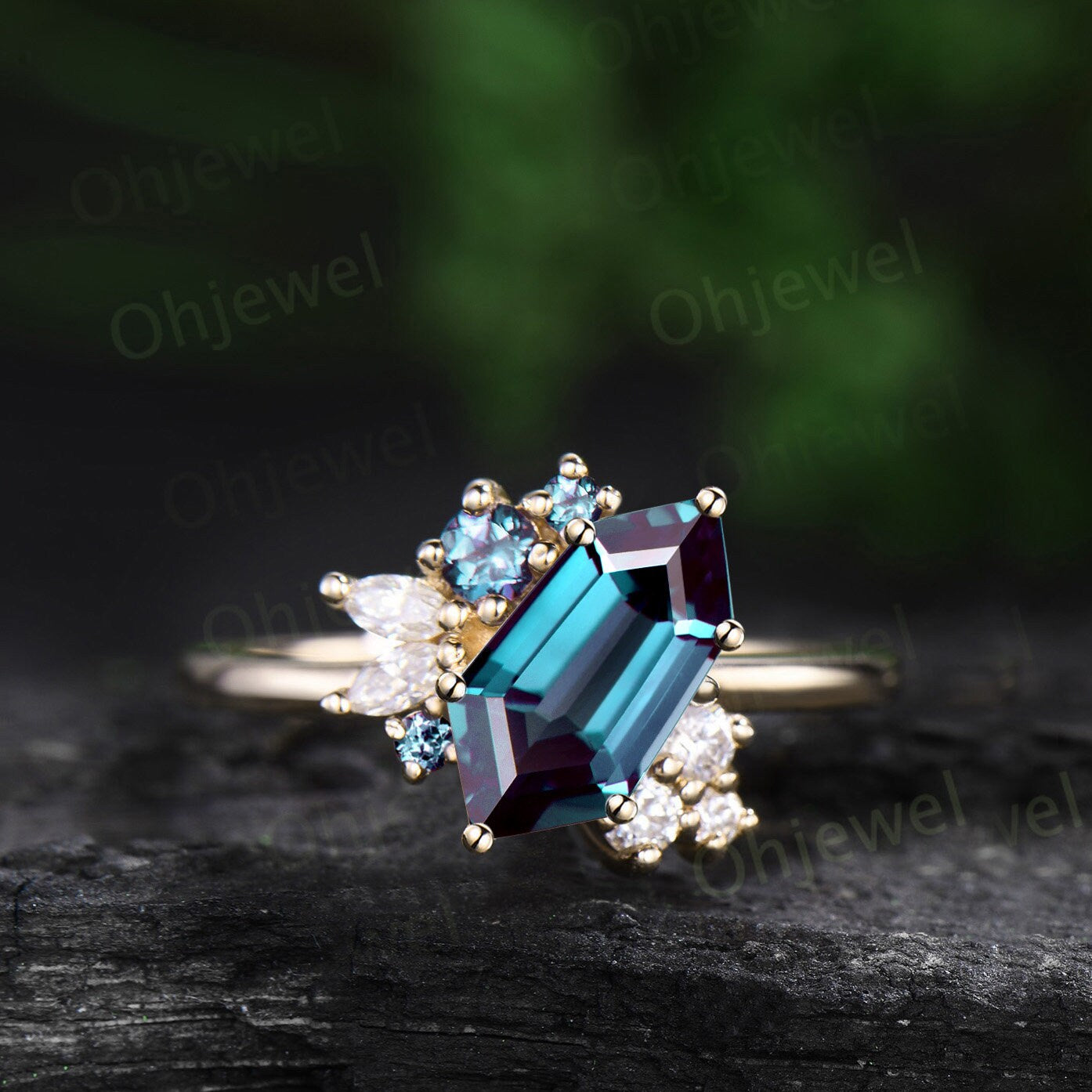 Shield alexandrite ring vintage 6 prong rose gold unqiue engagement ring cluster diamond wedding anniversary ring women jewelry gift