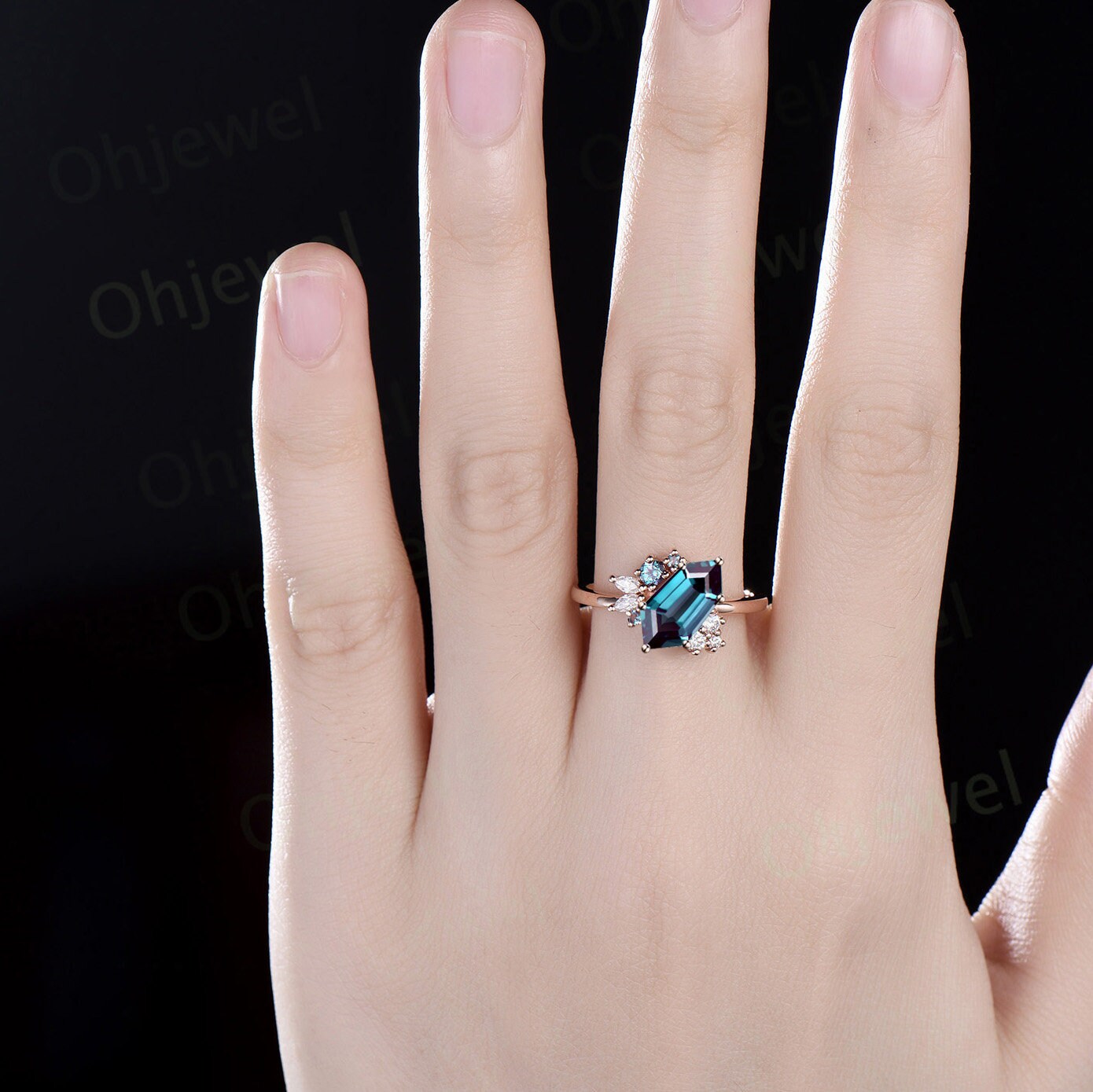 Shield alexandrite ring vintage 6 prong rose gold unqiue engagement ring cluster diamond wedding anniversary ring women jewelry gift