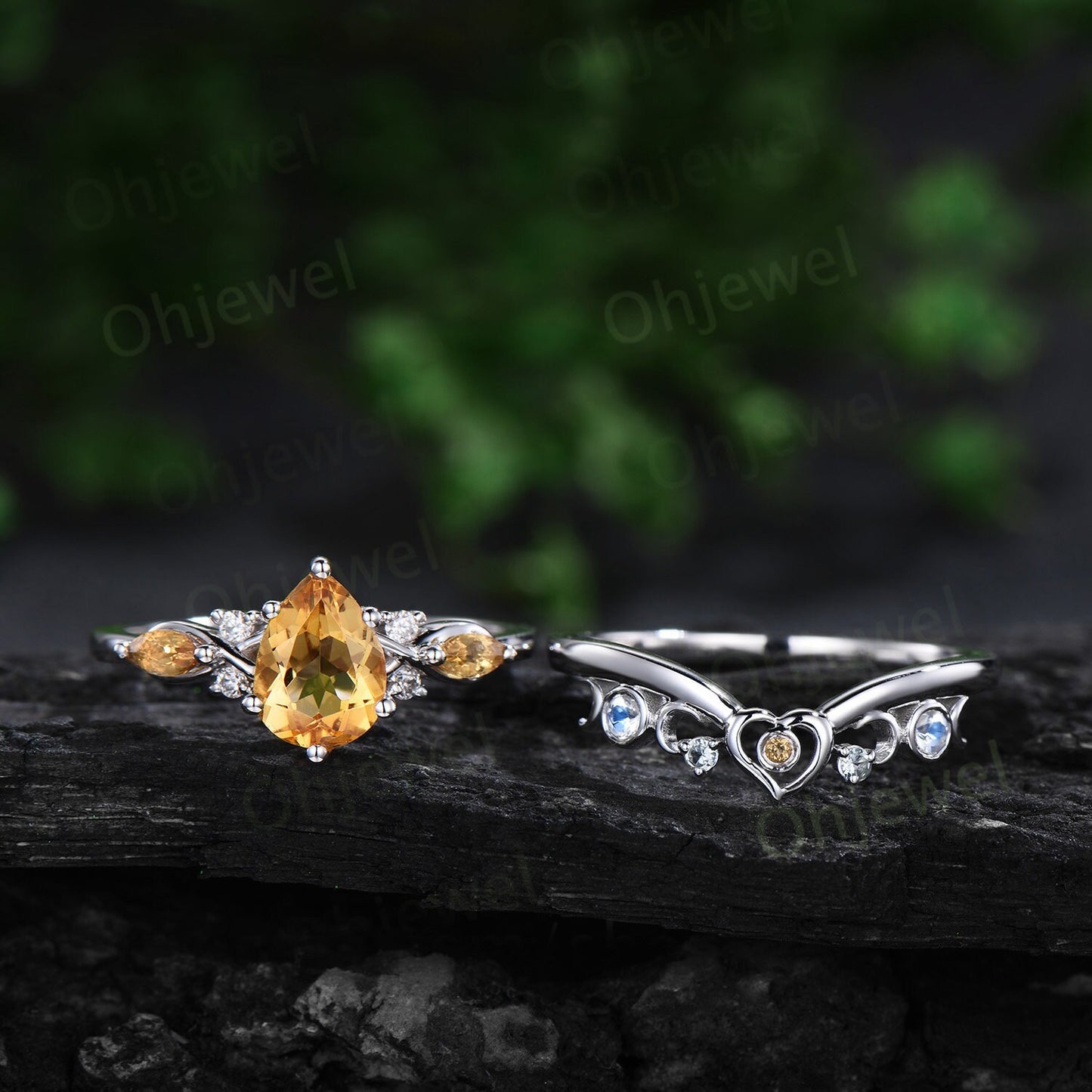 Vintage pear cut yellow citrine engagement ring white gold 6 prong twisted bridal set women moonstone aquamarine wedding band gemstone gift