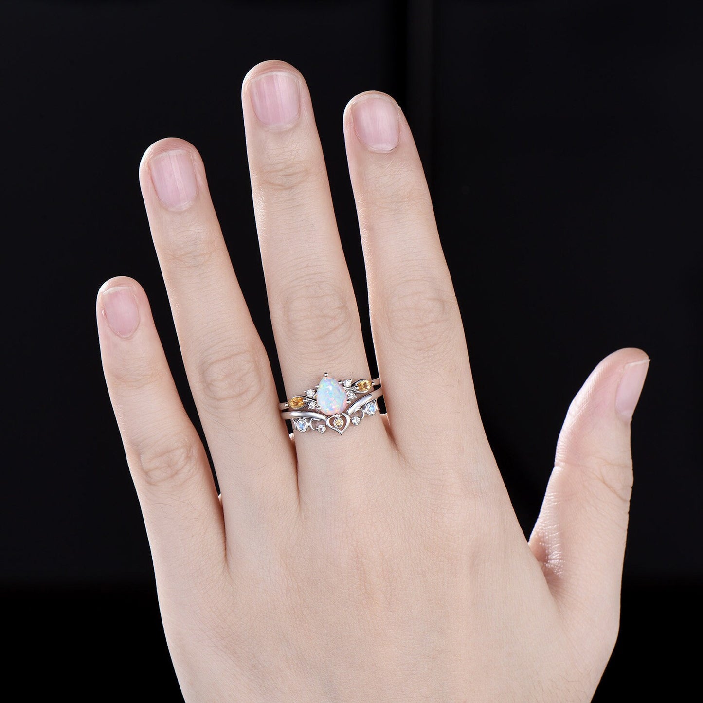 Vintage pear white opal engagement ring white gold 6 prong twisted citrine bridal set women moonstone aquamarine wedding band gemstone gift