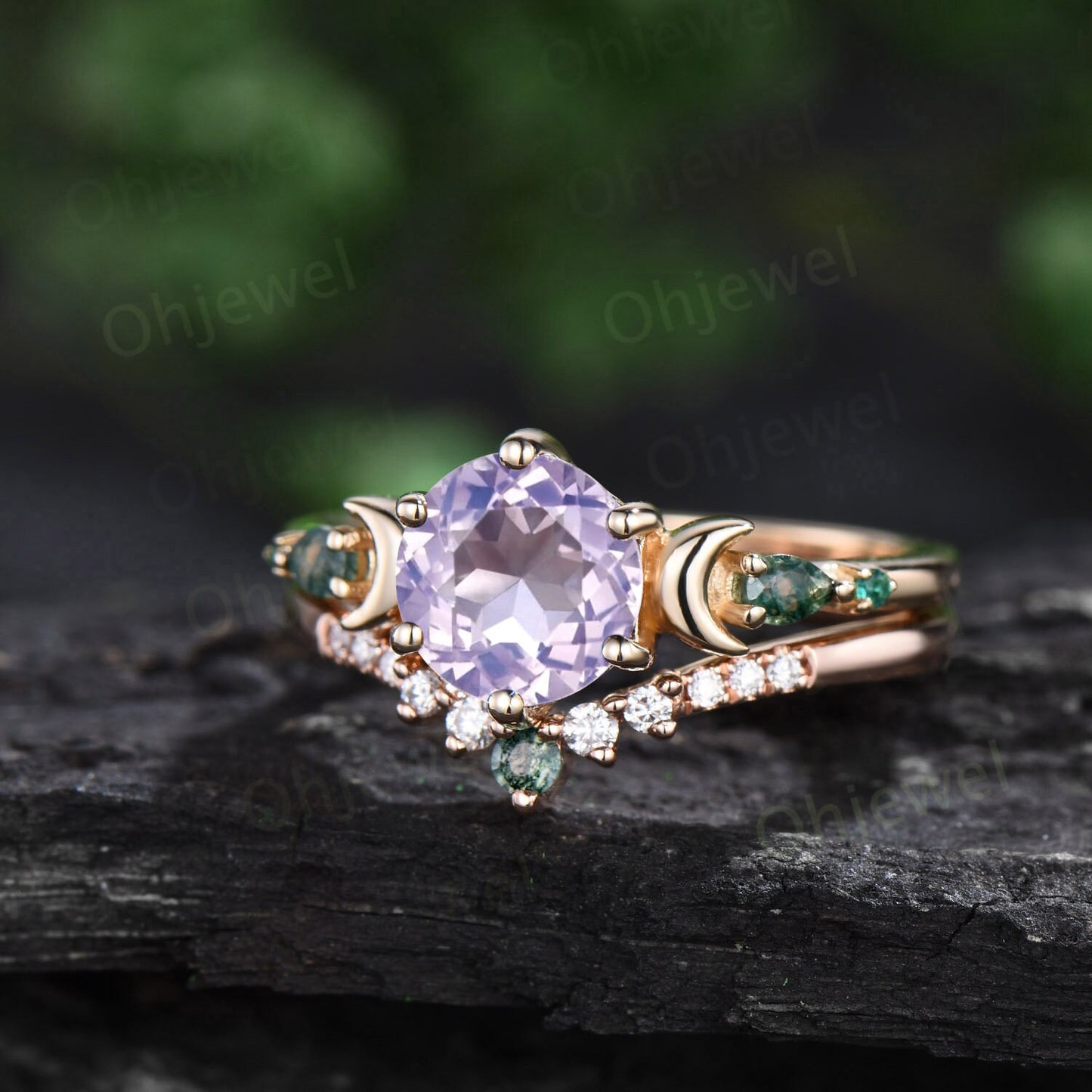 Round cut Lavender Amethyst ring vintage yellow gold five stone moon unique engagement ring moss agate bridal wedding ring set women gift
