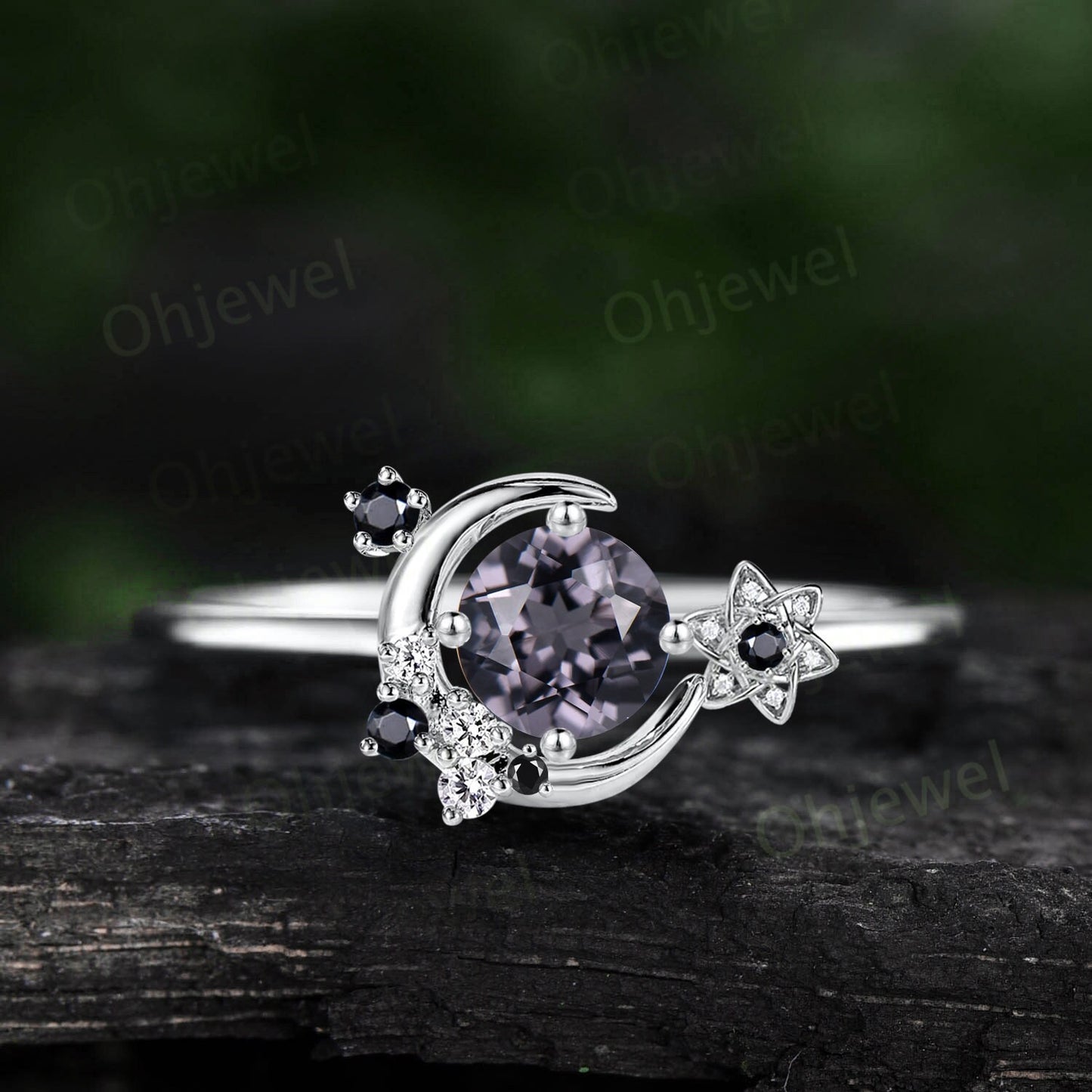 Vintage round cut gray spinel engagement ring 14k yellow gold star moon cluster diamond ring women black stone ring anniversary gift