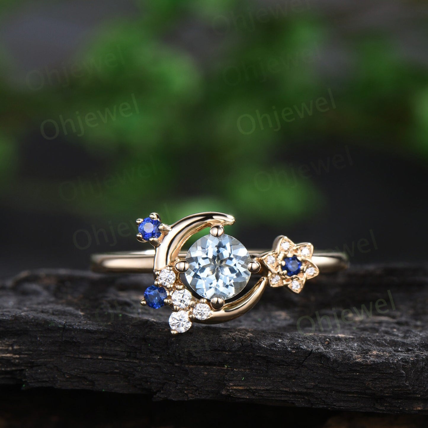 Round cut Aquamarine engagement ring yellow gold moon cluster sapphire diamond twisted antique wedding bridal ring set women jewelry gift