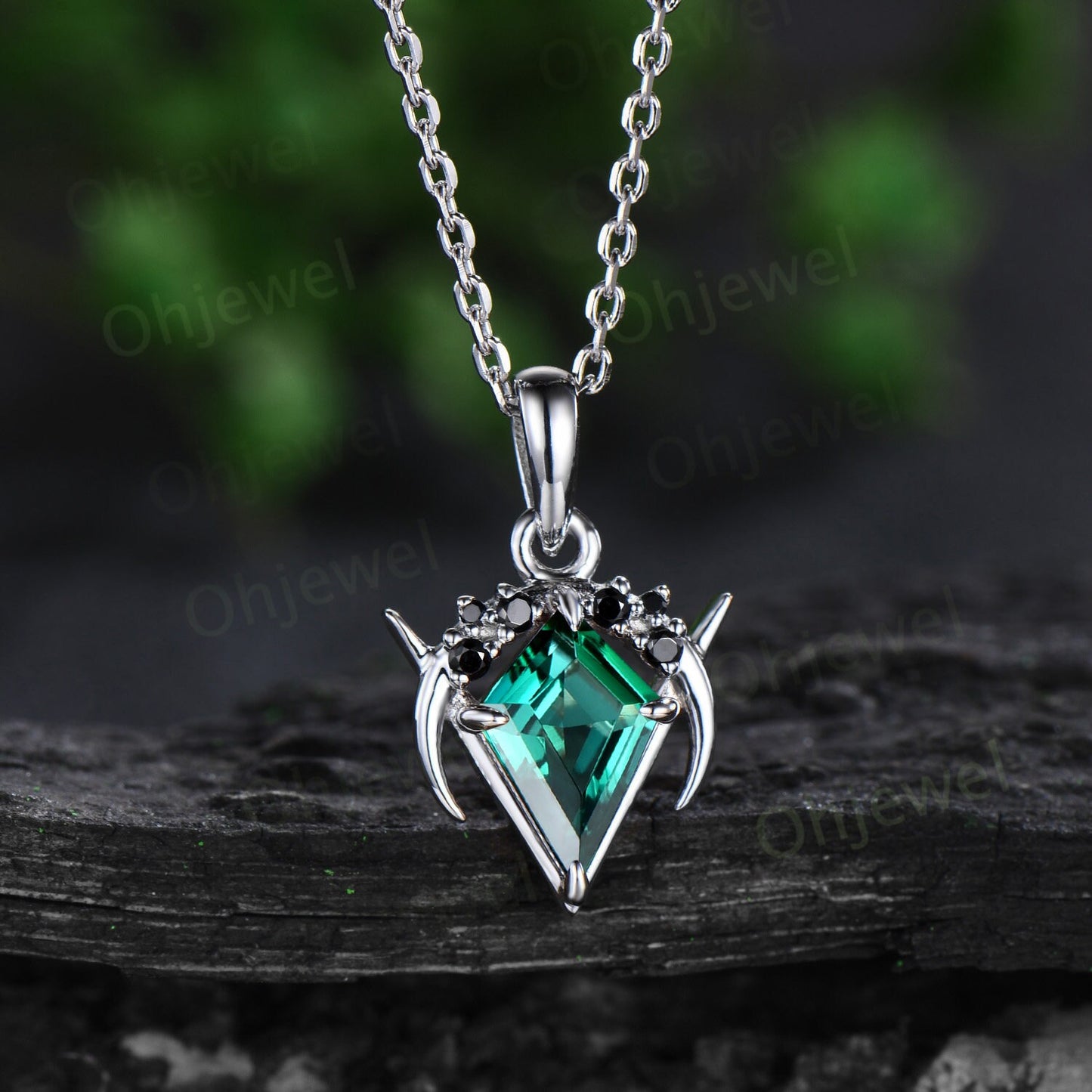 Vintage kite cut green emerald necklace 14k white gold Personalized moon cluster black diamond unique Pendant women anniversary gift for her