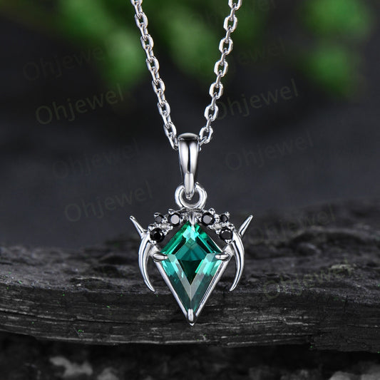 Vintage kite cut green emerald necklace 14k white gold Personalized moon cluster black diamond unique Pendant women anniversary gift for her