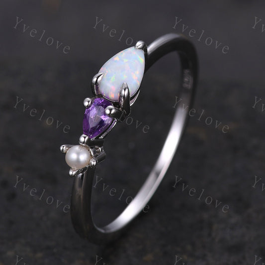 Vintage Opal Amethyst Engagement Ring,Pear Cut Gems,Art Deco Pearl Wedding Band,3 Stone Unique Women Bridal Promise Ring,Gold ring,Custom