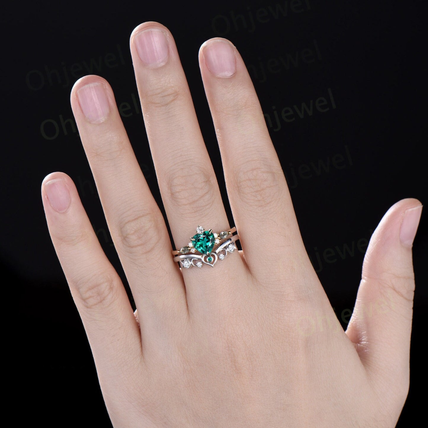 Vintage heart emerald engagement ring rose gold moss agate ring women moon bezel moissanite wedding bridal ring set jewelry