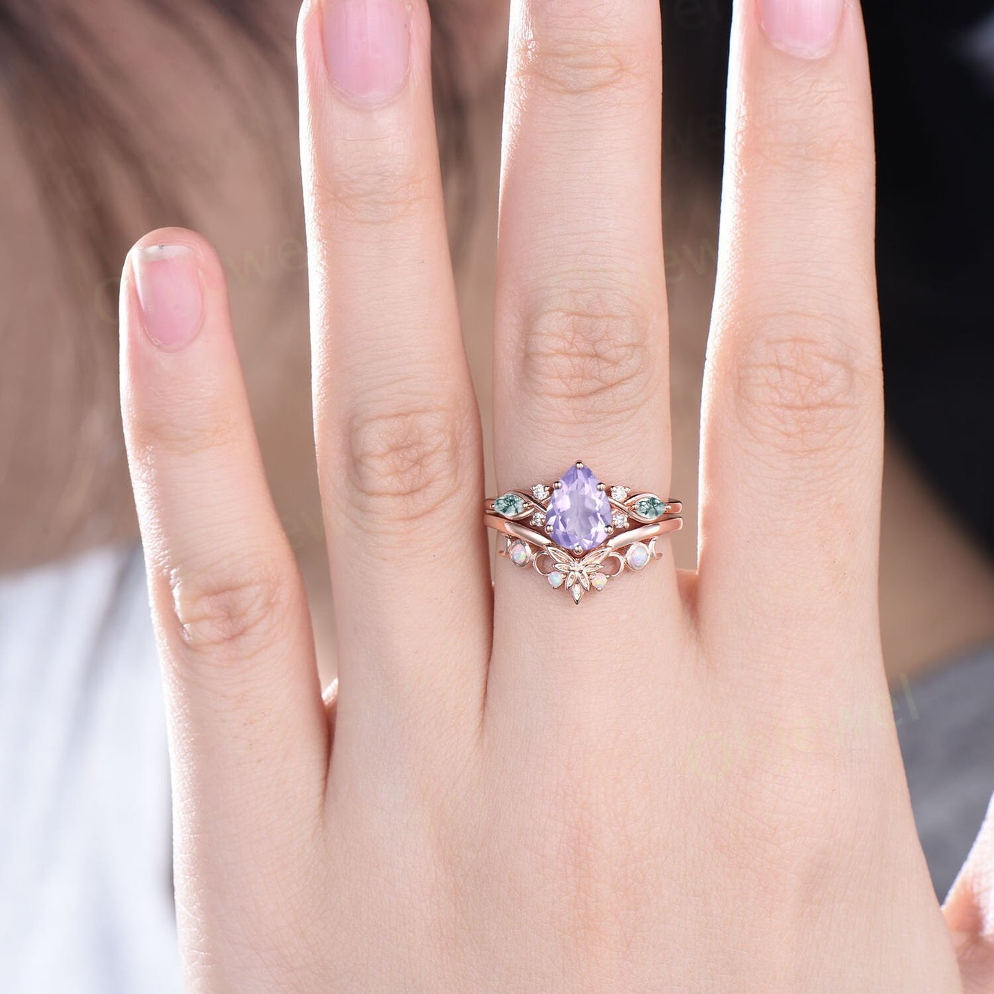Pear shaped Lavender Amethyst ring vintage unique engagement ring art deco rose gold leaf moon opal ring women twisted promise ring set gift