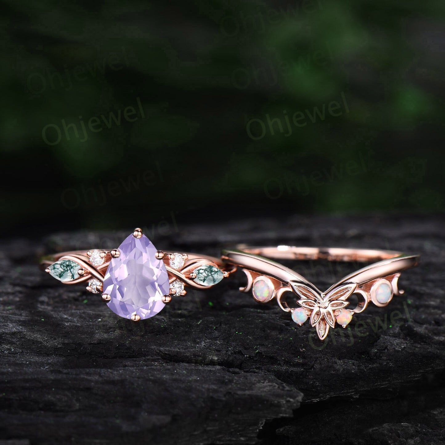 Pear shaped Lavender Amethyst ring vintage unique engagement ring art deco rose gold leaf moon opal ring women twisted promise ring set gift