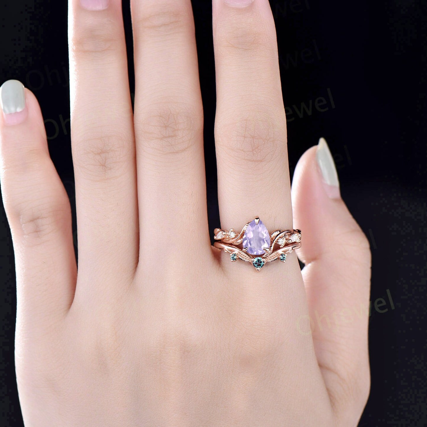 Twig pear shaped Lavender Amethyst engagement ring five stone vintage branch leaf rose gold nature inspired diamond wedding ring set women