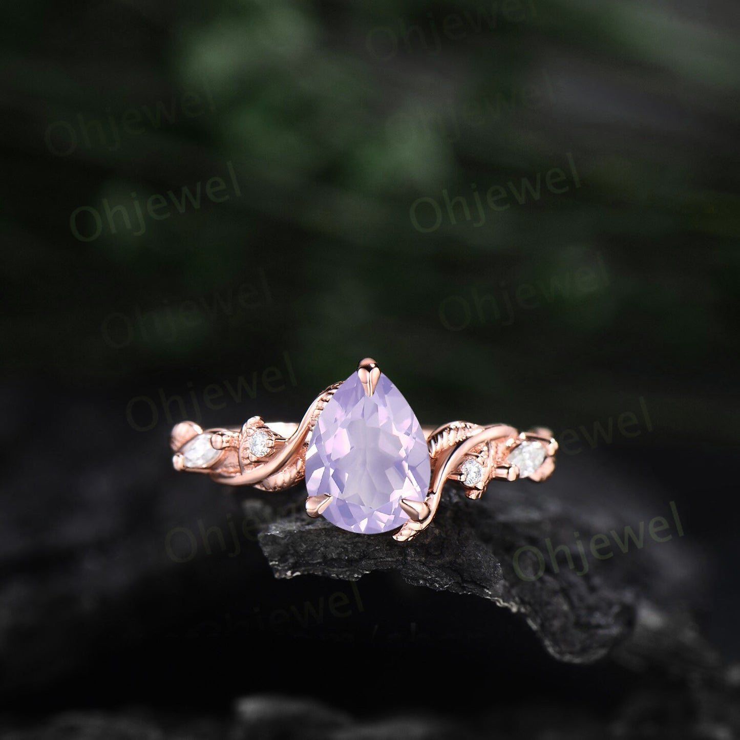 Twig pear shaped Lavender Amethyst engagement ring five stone vintage branch leaf rose gold nature inspired diamond wedding ring set women