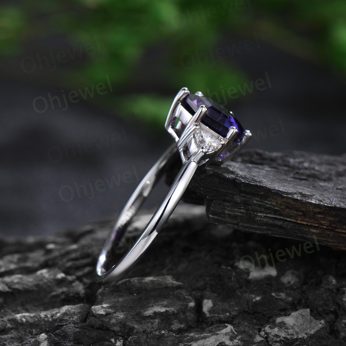 Hexagon cut purple sapphire ring white gold unique three stone engagement ring 6 prong dainty Minimalist wedding anniversary ring women