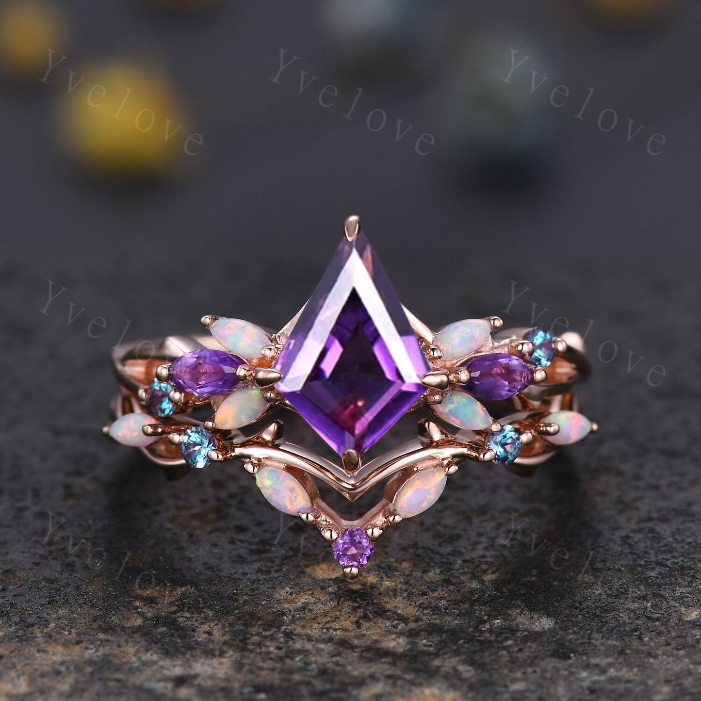 Vintage Kite Amethyst Engagement Ring Set,Black Gold,Vines Amethyst Opal Ring,Women Bridal Set,Unique Twig Anniversary Promise Ring Gift
