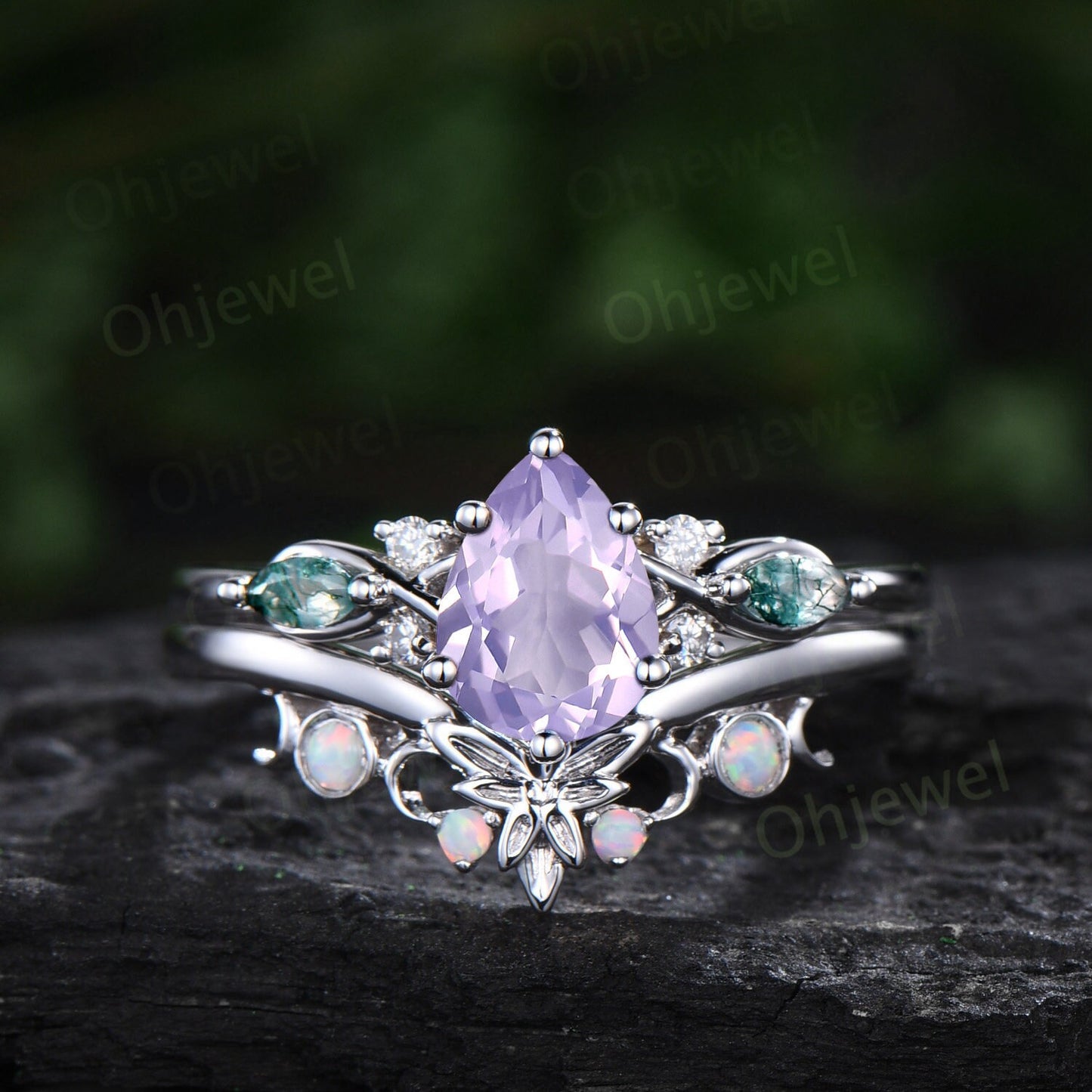 Pear shaped Lavender Amethyst ring vintage unique engagement ring art deco rose gold leaf moon opal ring women twisted promise ring set gift
