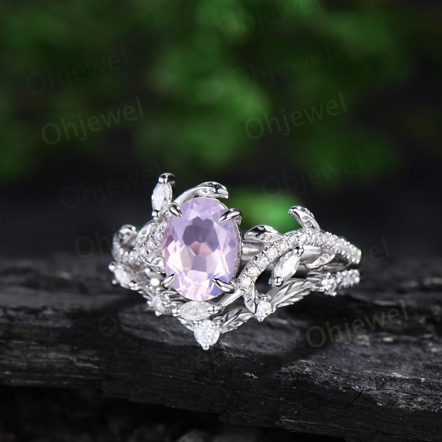Oval Lavender Amethyst ring vintage rose gold leaf nature inspired unique engagement ring half eternity diamond wedding ring set gift women