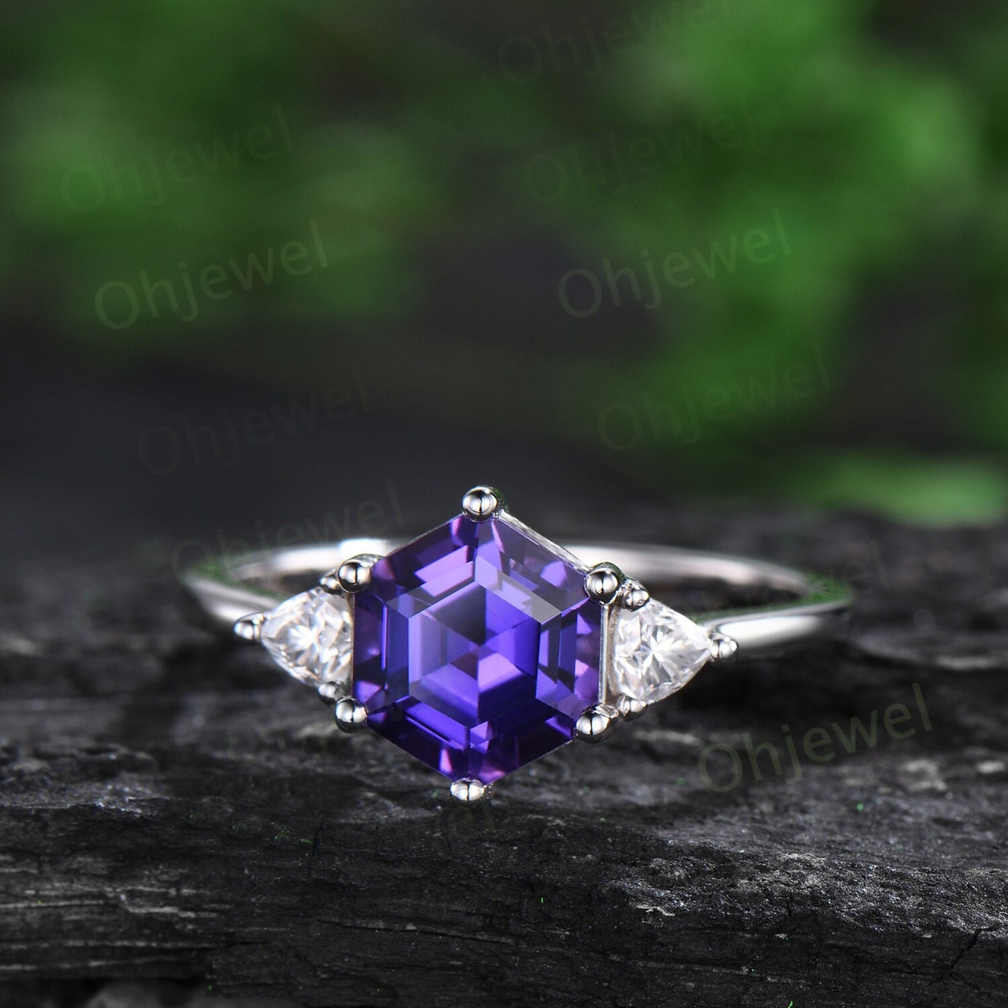 Hexagon cut purple sapphire ring white gold unique three stone engagement ring 6 prong dainty Minimalist wedding anniversary ring women
