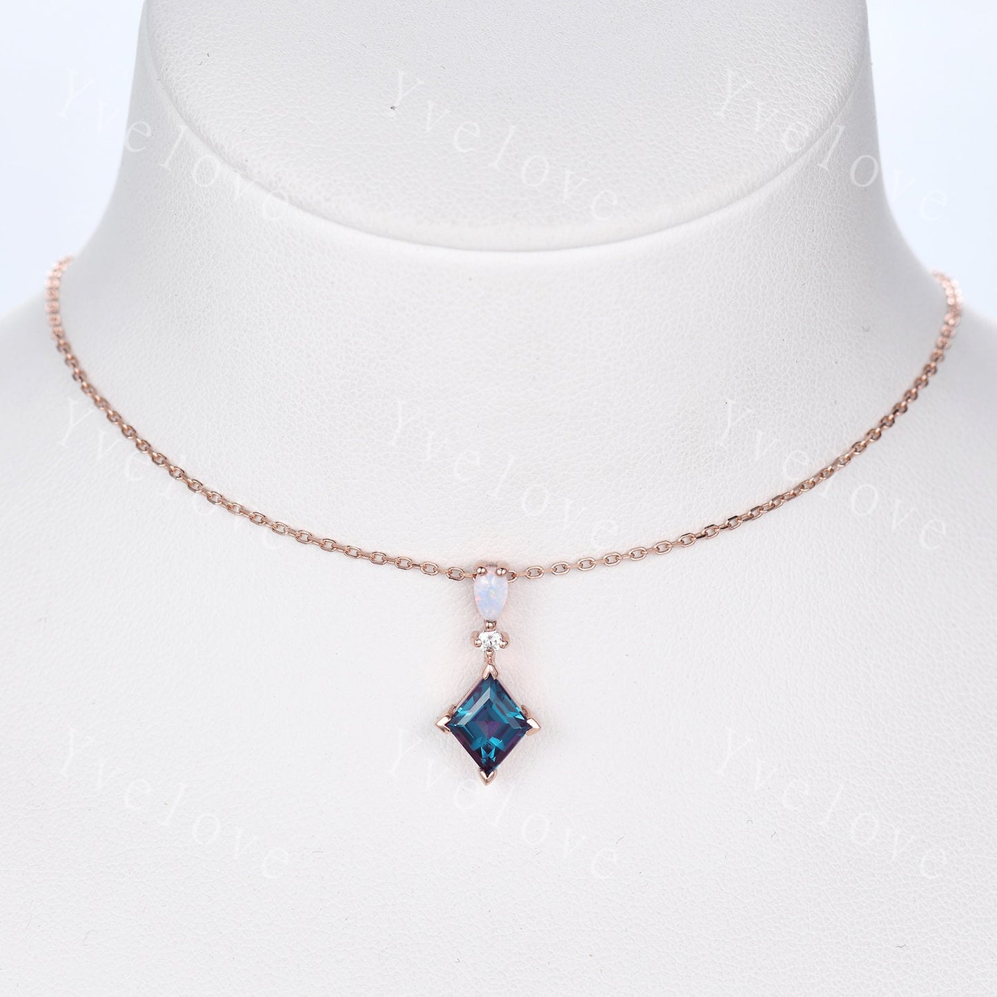 Vintage unique lozenge alexandrite necklace solid 14k rose gold opal diamond personalized pendant for women anniversary bridal gift for her