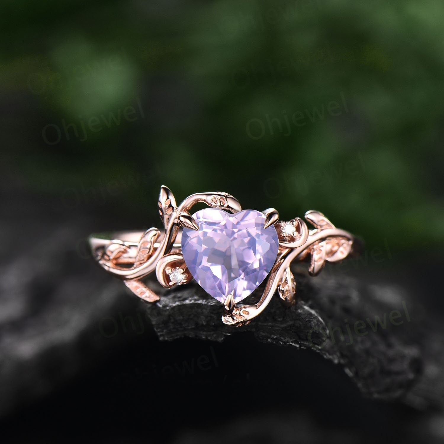 Vintage heart shaped Lavender Amethyst engagement ring solid 14k rose gold three stone leaf moon diamond bridal wedding ring women gift
