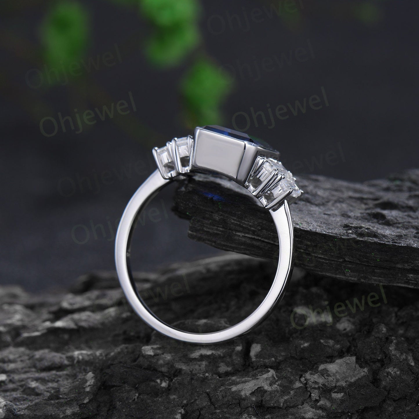 Emerald cut blue sapphire engagement ring white gold Minimalist bezel five stone baguette cut moissanite promise wedding ring women jewelry