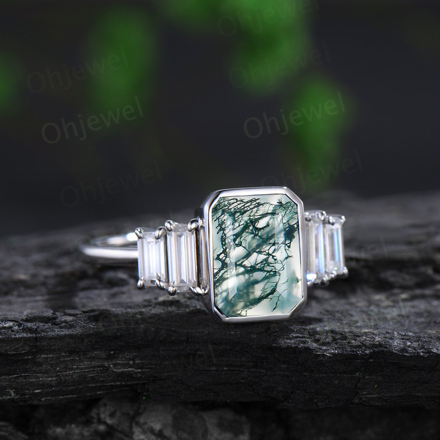 Bezel emerald cut green moss agate engagement ring solid 14k white gold five stone baguette cut moissanite anniversary ring women gift