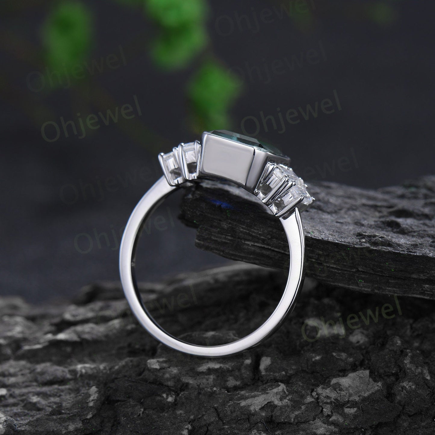 Bezel emerald cut green moss agate engagement ring solid 14k white gold five stone baguette cut moissanite anniversary ring women gift