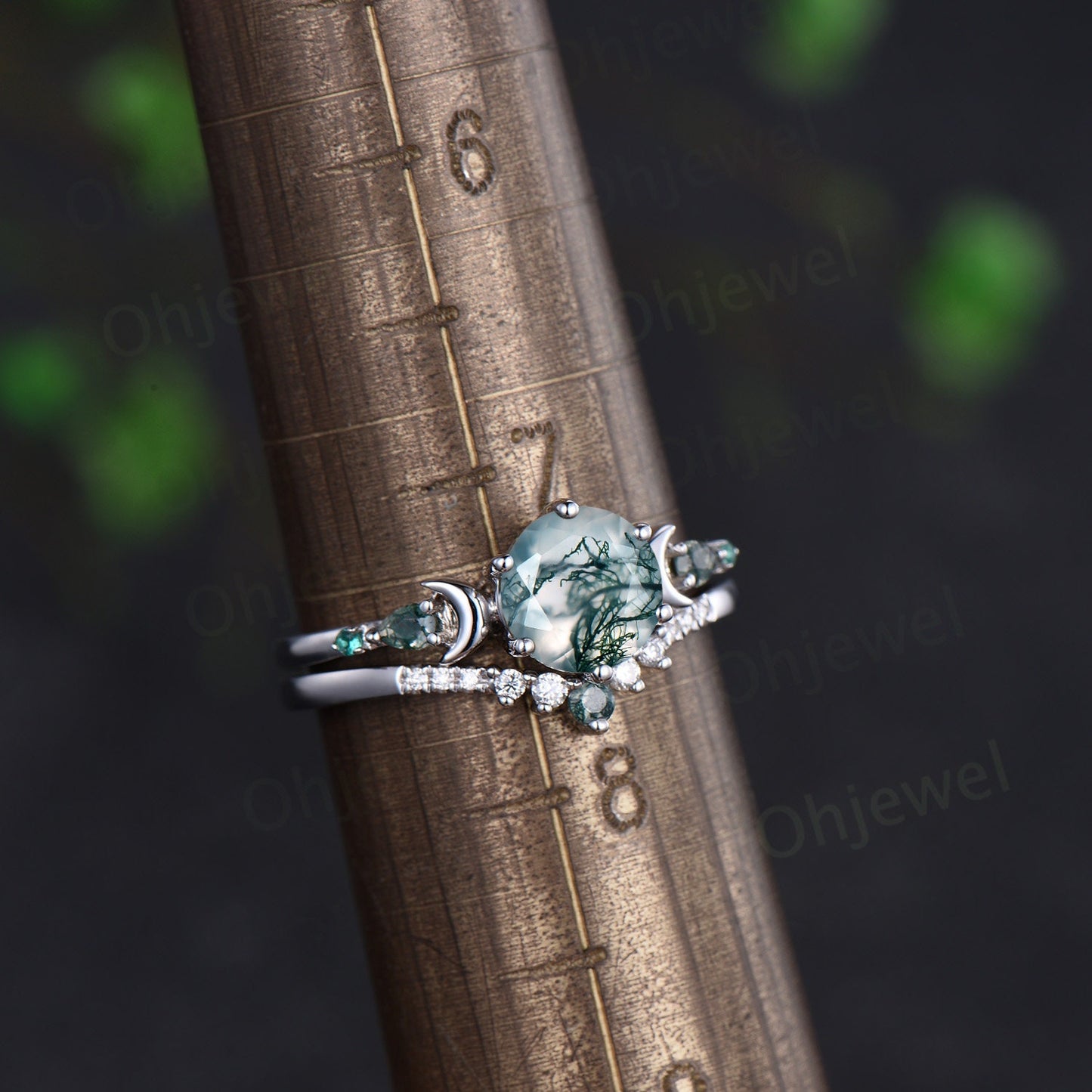 Round cut natural moss agate ring 14k white gold five stone moon unique engagement ring emerald promise ring set women anniversary gift