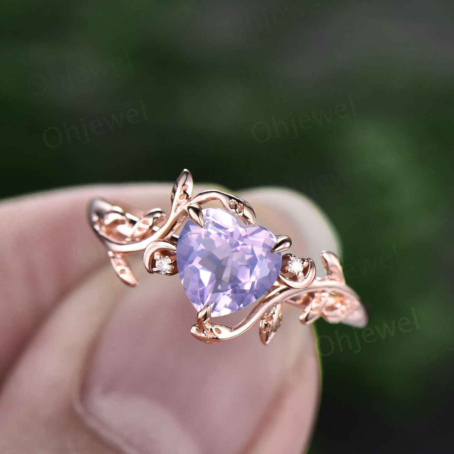 Vintage heart shaped Lavender Amethyst engagement ring solid 14k rose gold three stone leaf moon diamond bridal wedding ring women gift
