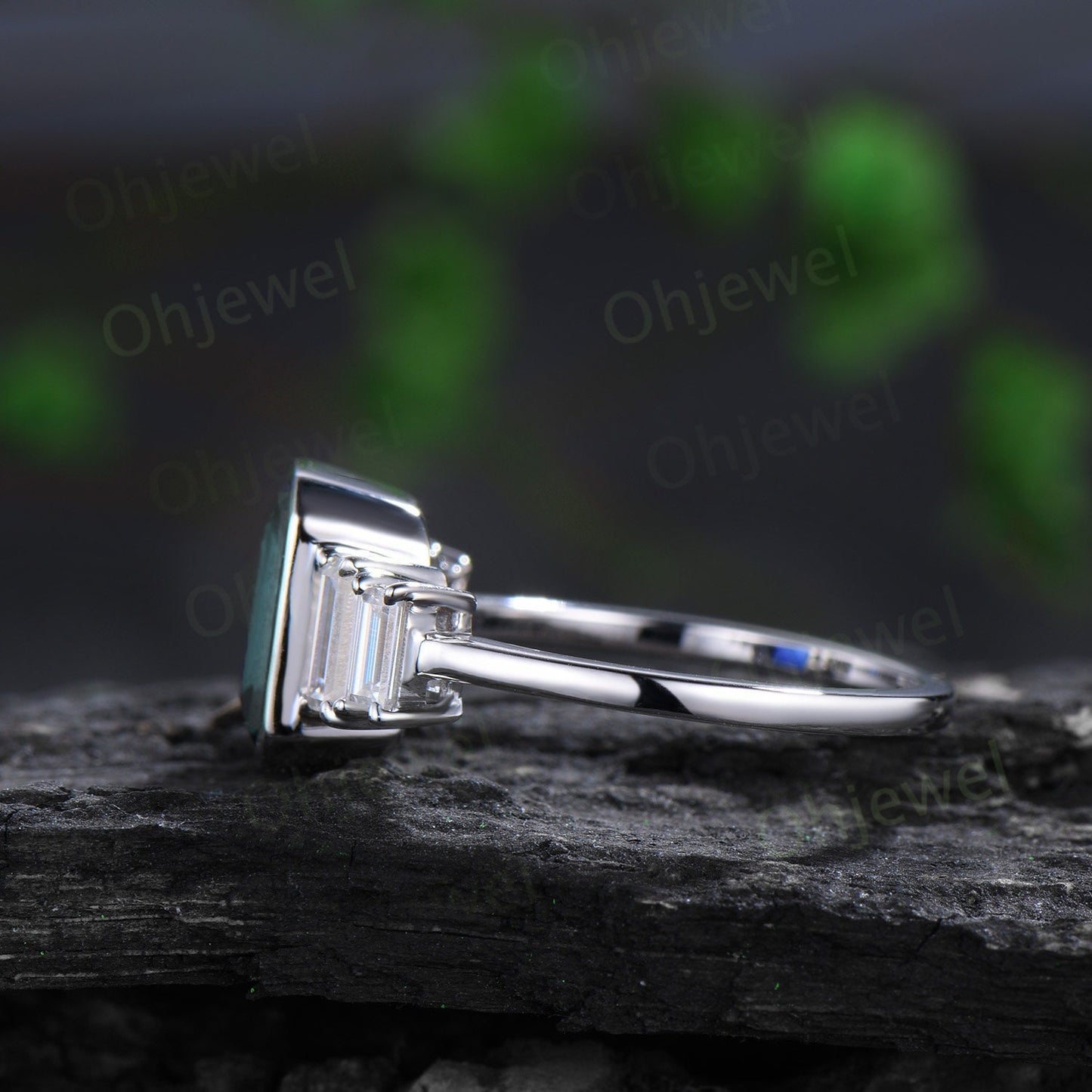 Bezel emerald cut green moss agate engagement ring solid 14k white gold five stone baguette cut moissanite anniversary ring women gift