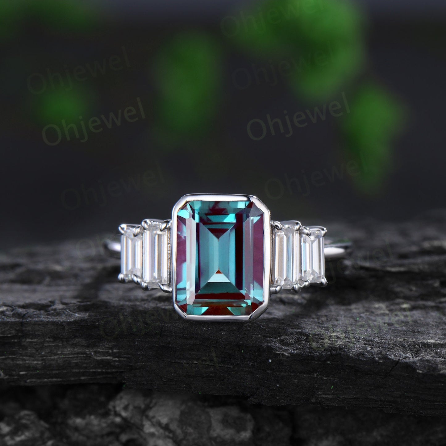 Bezel emerald cut alexandrite engagement ring white gold five stone baguette cut moissanite bridal ring women gift color change gemstone