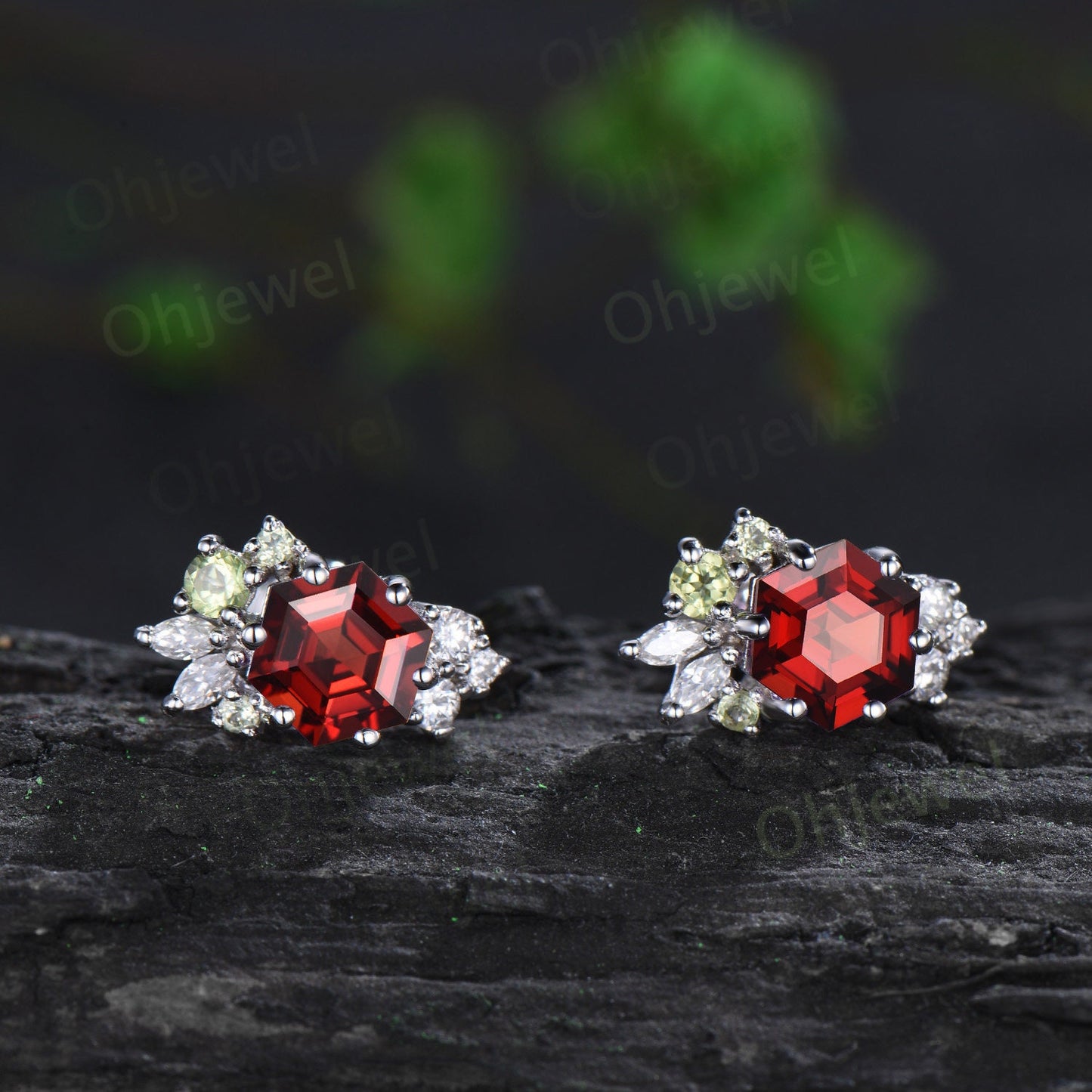 Hexagon cut red garnet earrings solid 14k 18k white gold cluster peridot moissanite stud earrings women wedding anniversary gift