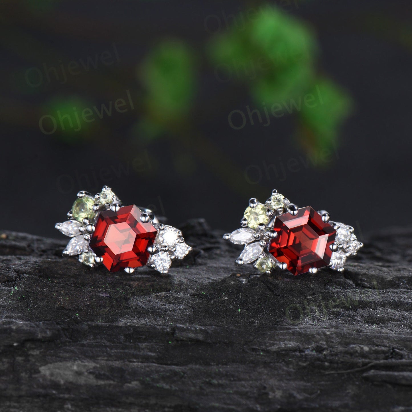 Hexagon cut red garnet earrings solid 14k 18k white gold cluster peridot moissanite stud earrings women wedding anniversary gift