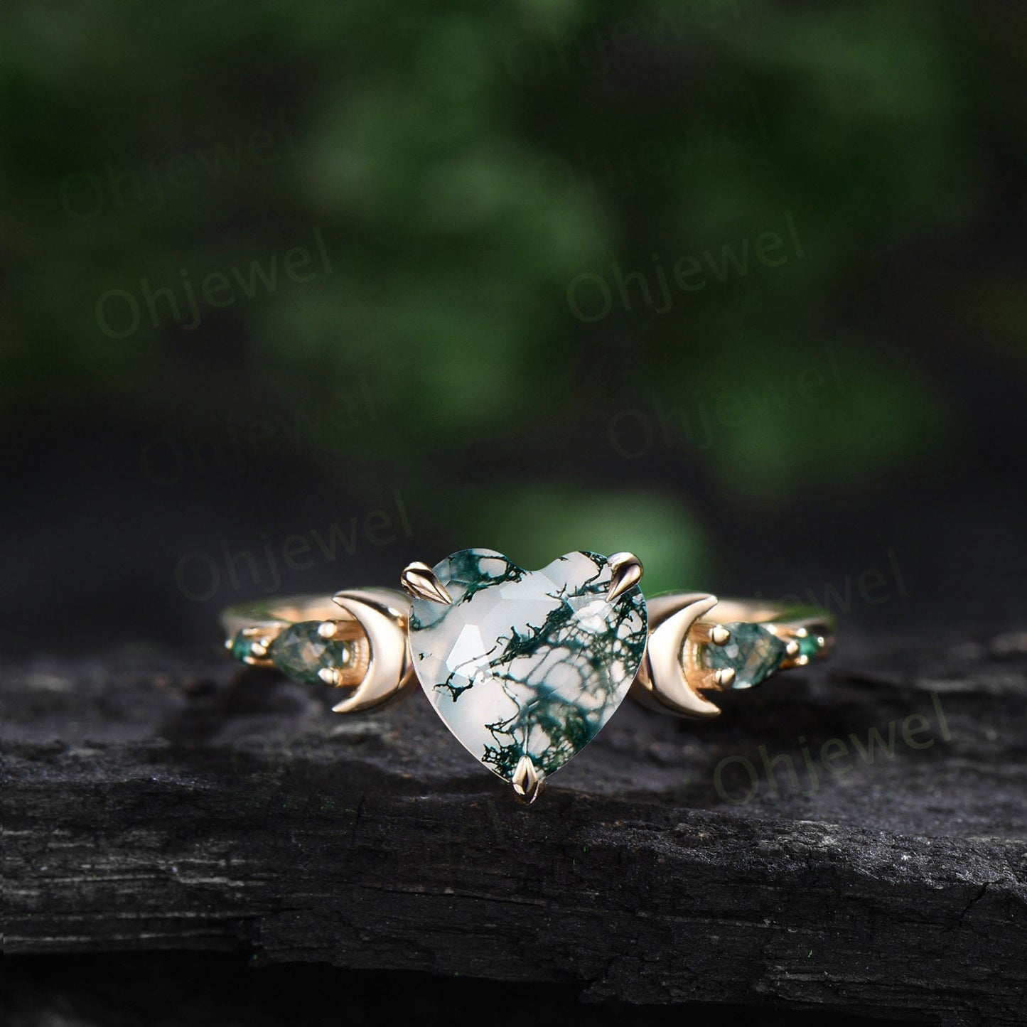 Heart shaped green moss agate engagement ring set solid 14k yellow gold moon five stone emerald anniversary ring women gift