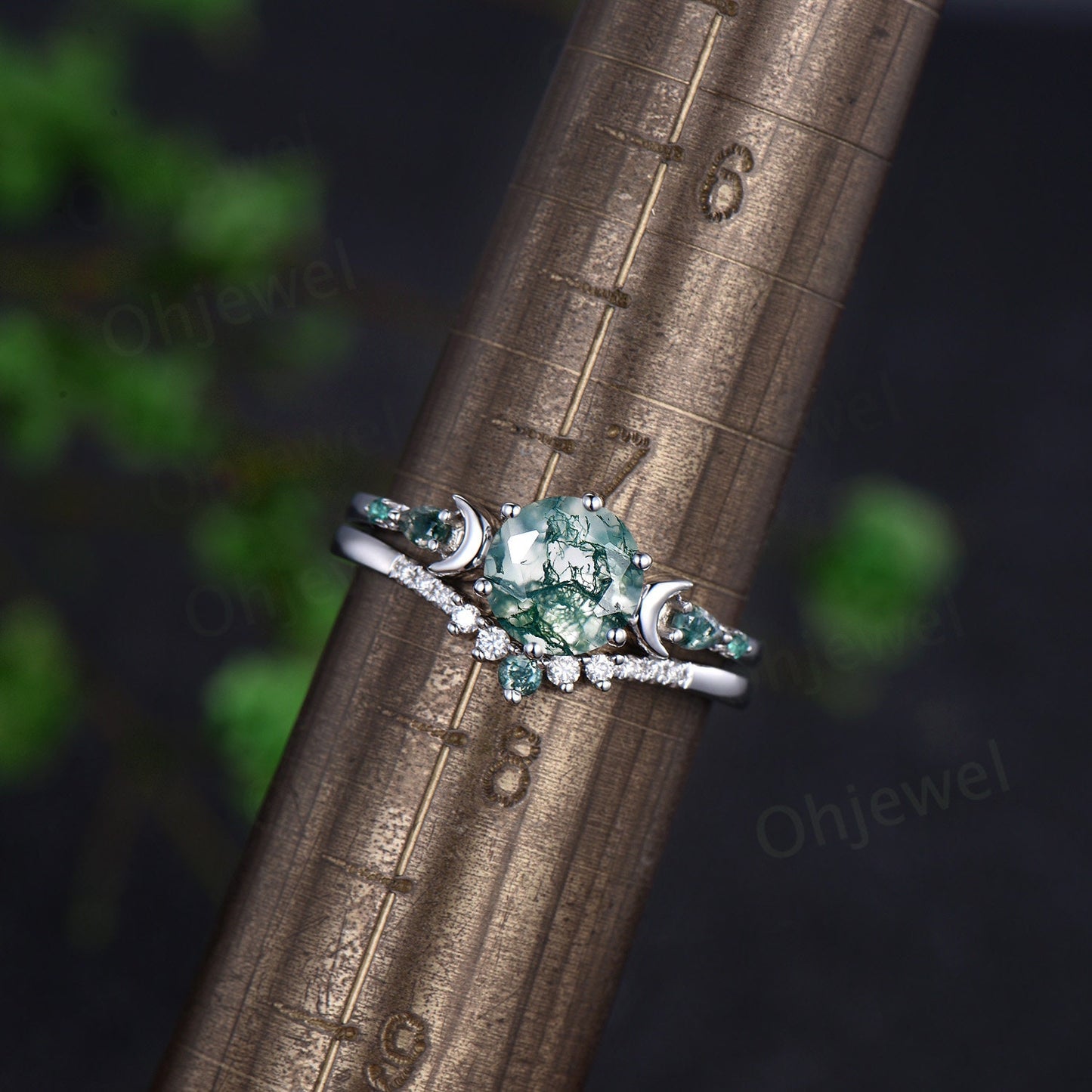 Round cut natural moss agate ring 14k white gold five stone moon unique engagement ring emerald promise ring set women anniversary gift