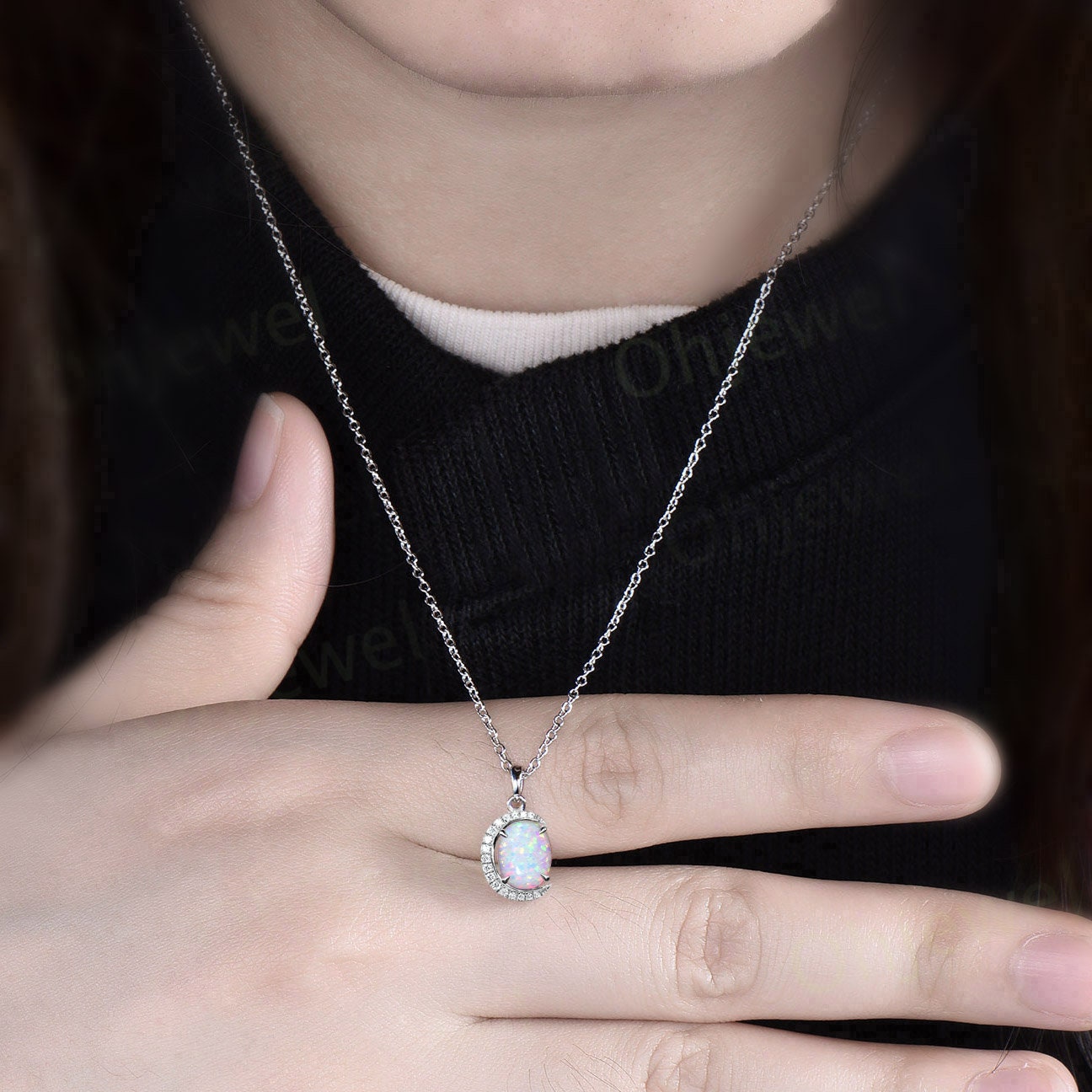 Vintage oval white opal necklace 14k rose gold Personalized half moon halo diamond unique Pendant women birthday anniversary gift