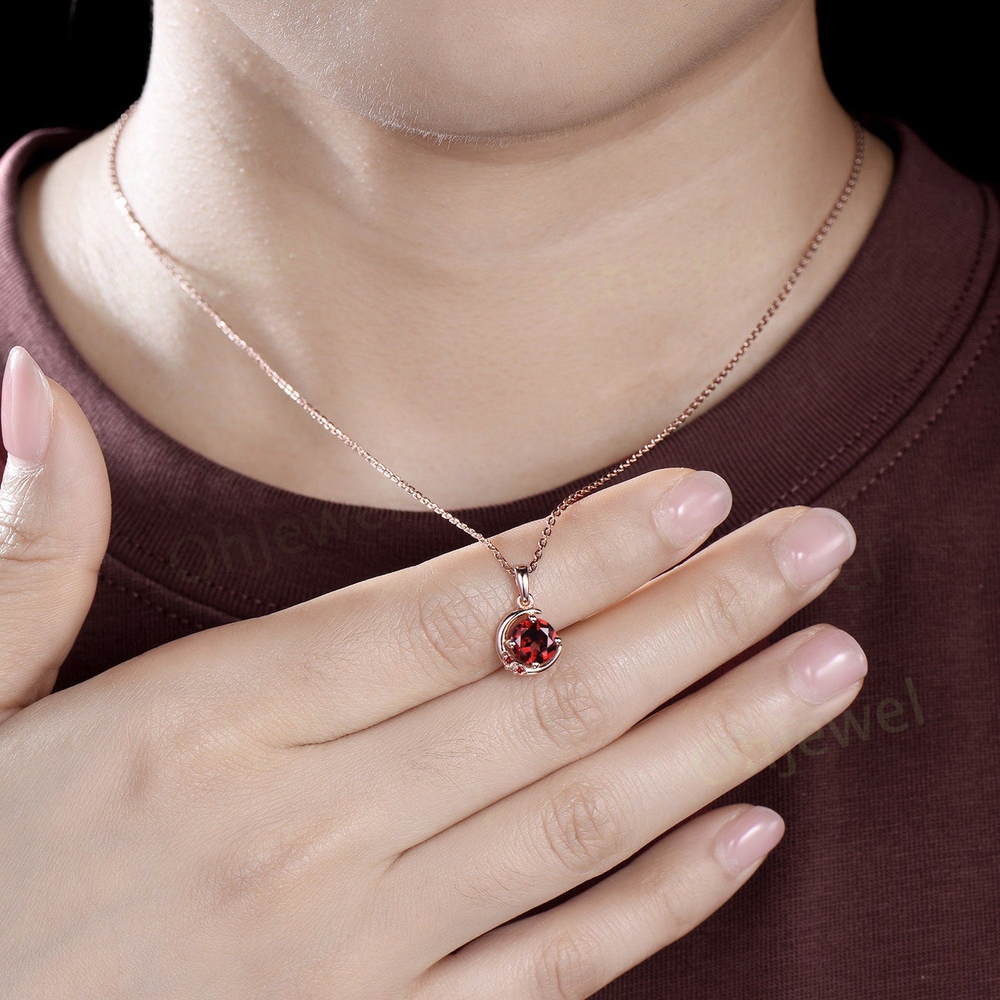 Vintage round cut red garnet necklace 14k rose gold Personalized dainty moon three stone unique Pendant women birthday anniversary gift