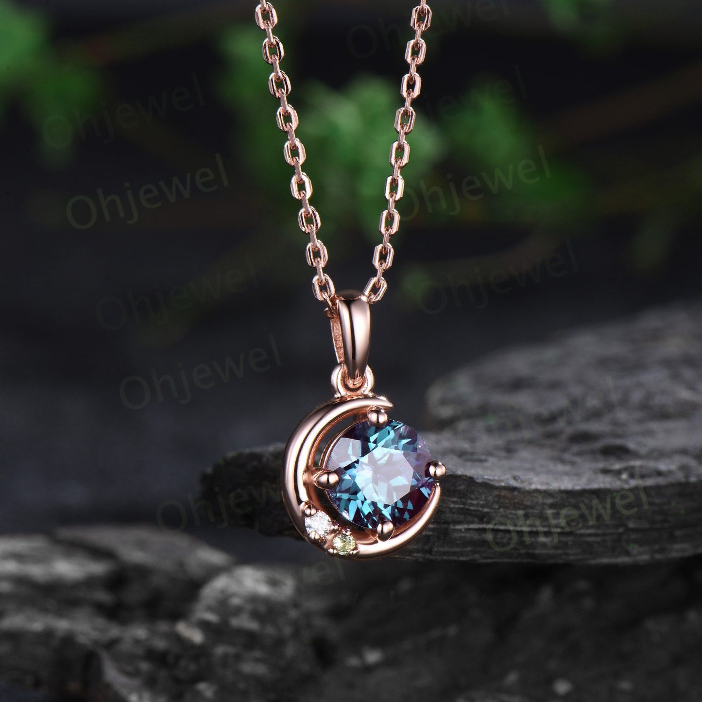 1ct round cut alexandrite necklace solid 14k rose gold antique moon three stone peridot moissanite Pendant women birthday anniversary gift