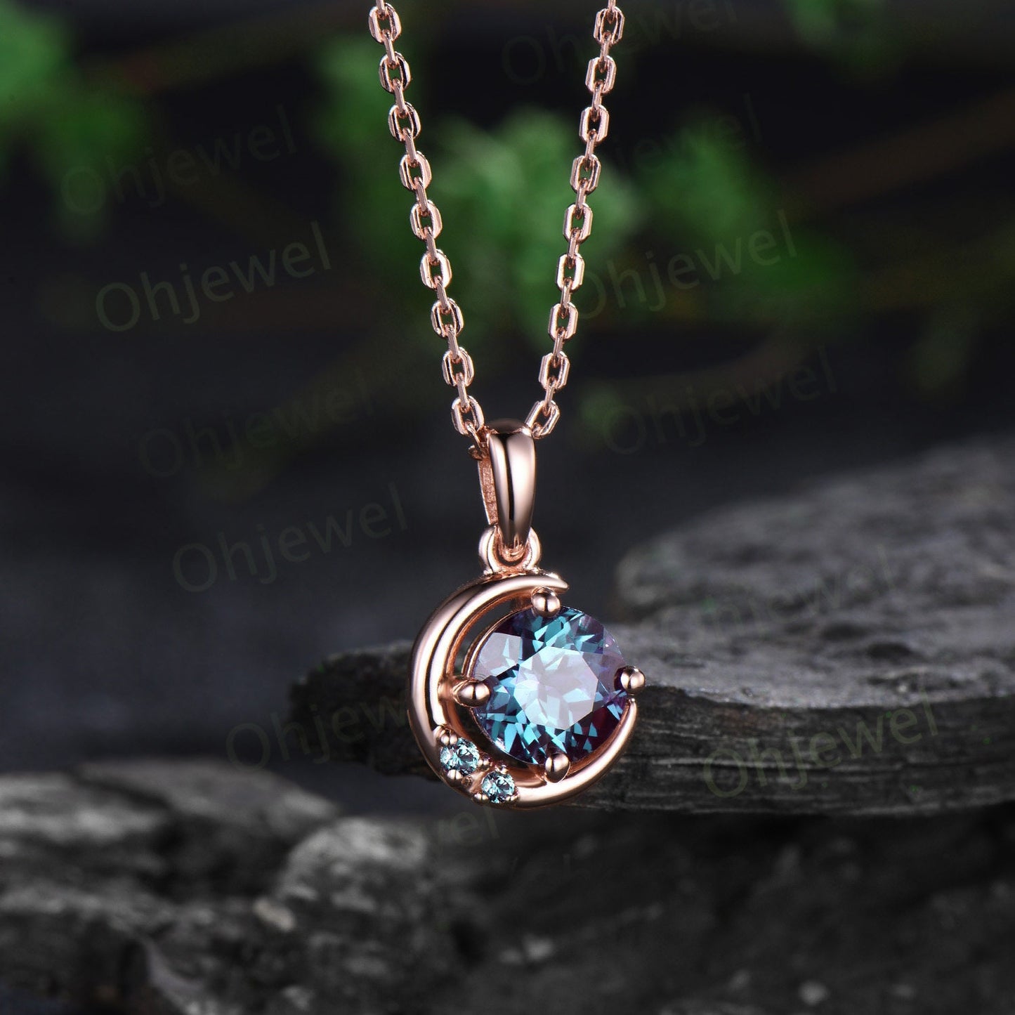 Moon three stone round cut Alexandrite necklace rose gold vintage dainty Personalized unique Pendant for women wedding anniversary gift