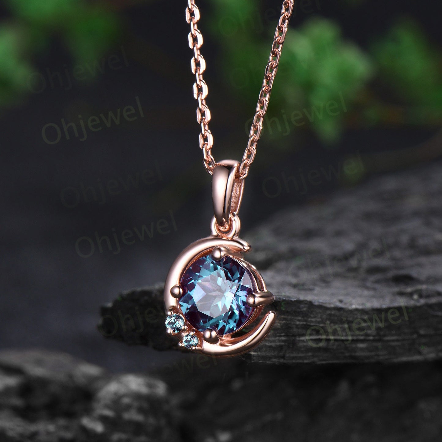 Moon three stone round cut Alexandrite necklace rose gold vintage dainty Personalized unique Pendant for women wedding anniversary gift