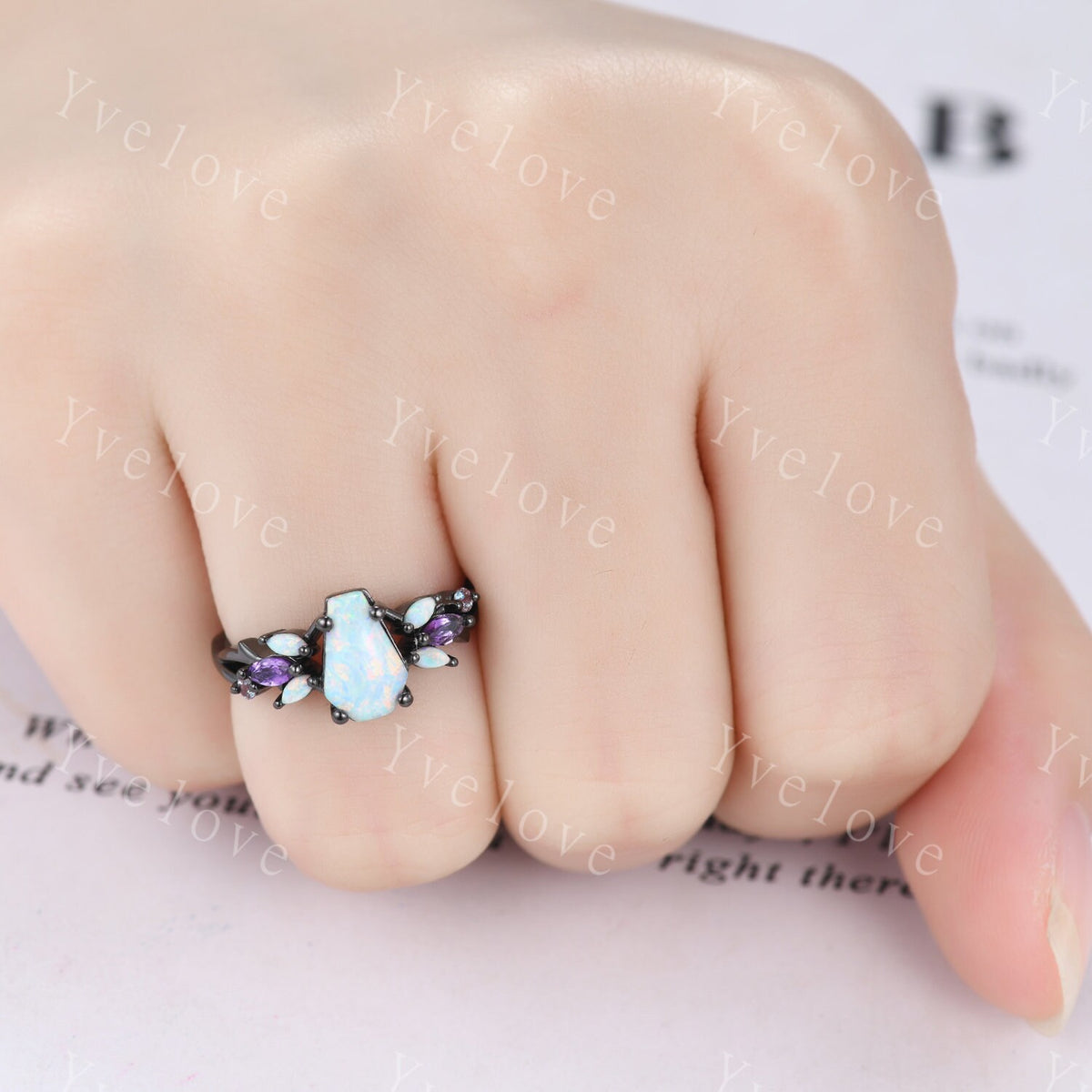 Vintage Coffin White Opal Engagement Ring Set,Black Gold,Vines Amethyst Opal Ring,Women Bridal Set,Unique Twig Anniversary Promise Ring Gift