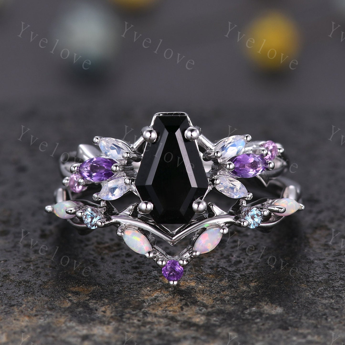 Vintage Coffin Black Onyx Engagement Ring,14k Black Gold,Twig Amethyst Moonstone Ring,Women Bridal Ring,Retro Promise Ring For Her Custom