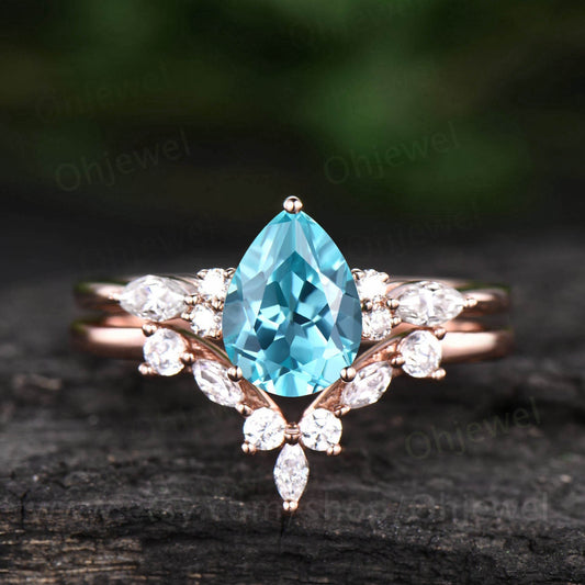 Vintage pear shaped Paraiba engagement ring set rose gold stacking marquise diamond wedding bridal ring set women jewelry