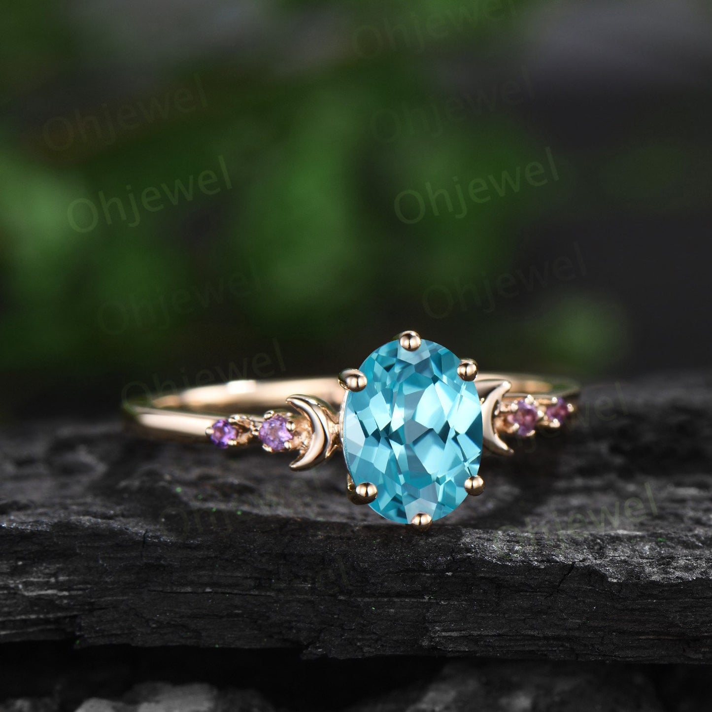 Oval cut Paraiba ring moon opal wedding ring set art deco five stone unique engagement ring women yellow gold anniversary ring gift
