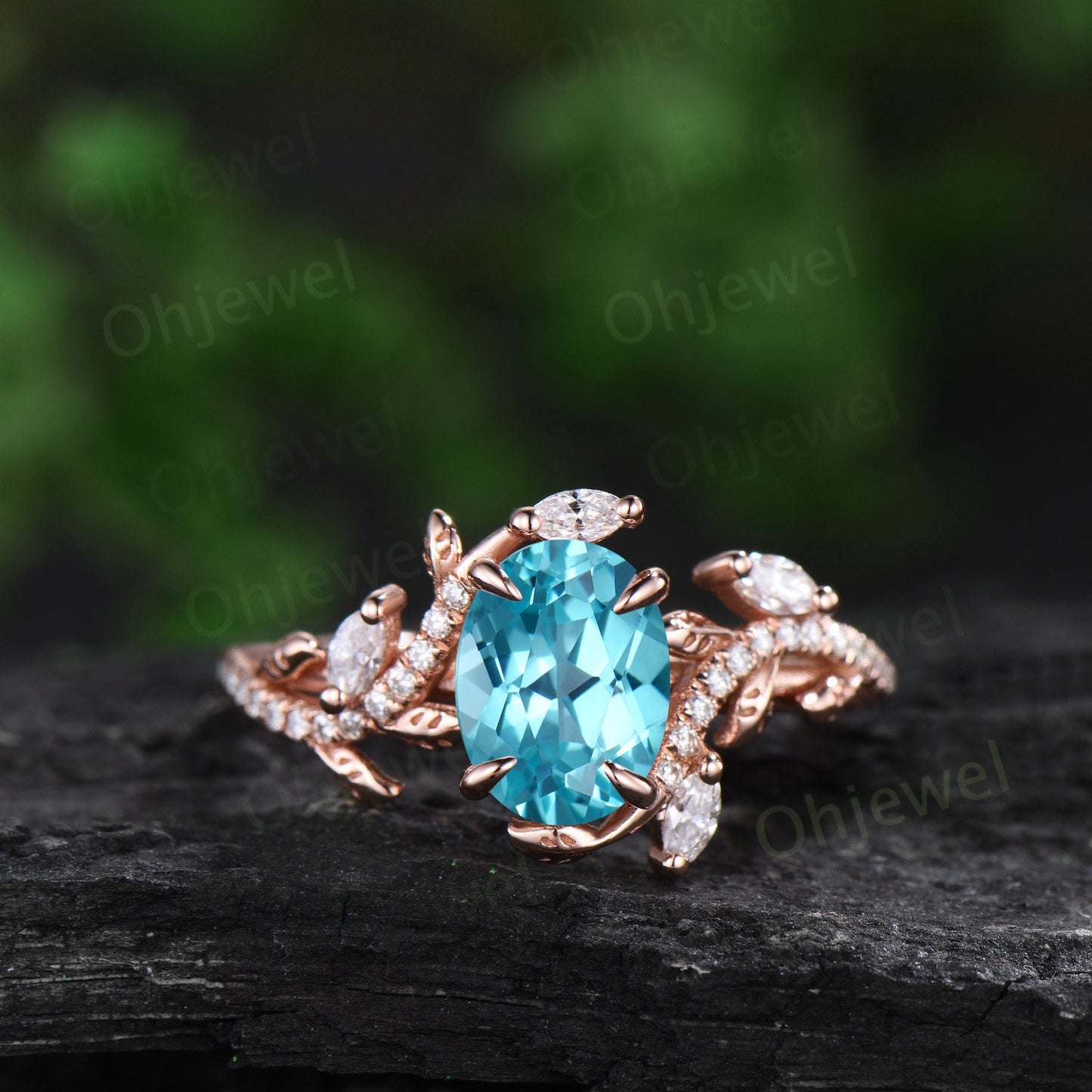 Unique oval cut Paraiba engagement ring white gold vintage cluster leaf half eternity twisted diamond wedding bridal ring set women gift