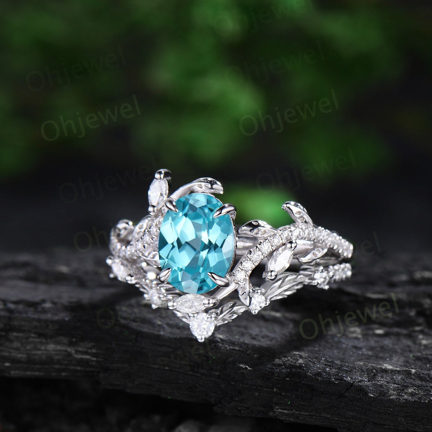 Unique oval cut Paraiba engagement ring white gold vintage cluster leaf half eternity twisted diamond wedding bridal ring set women gift