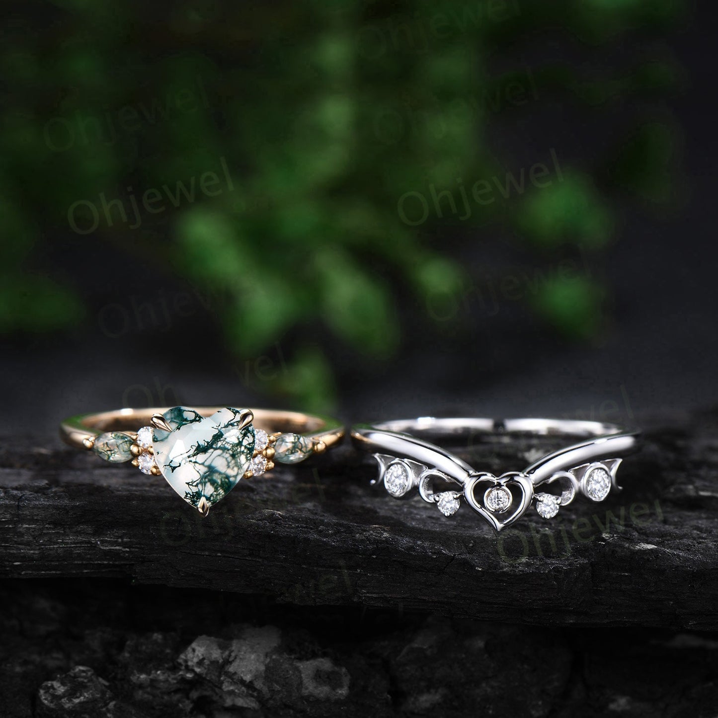 Vintage Heart shaped moss agate engagement ring yellow gold moon cluster diamond promise wedding bridal ring set women