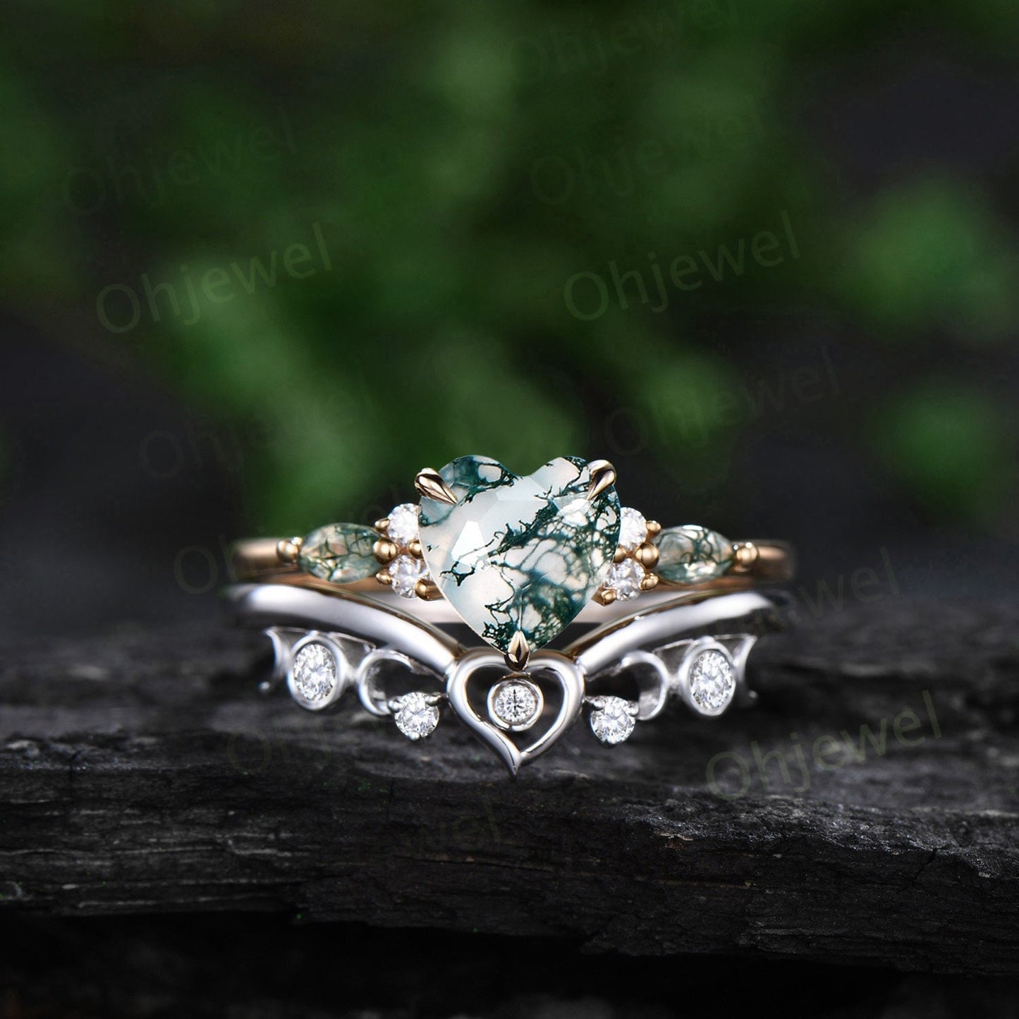 Vintage Heart shaped moss agate engagement ring yellow gold moon cluster diamond promise wedding bridal ring set women