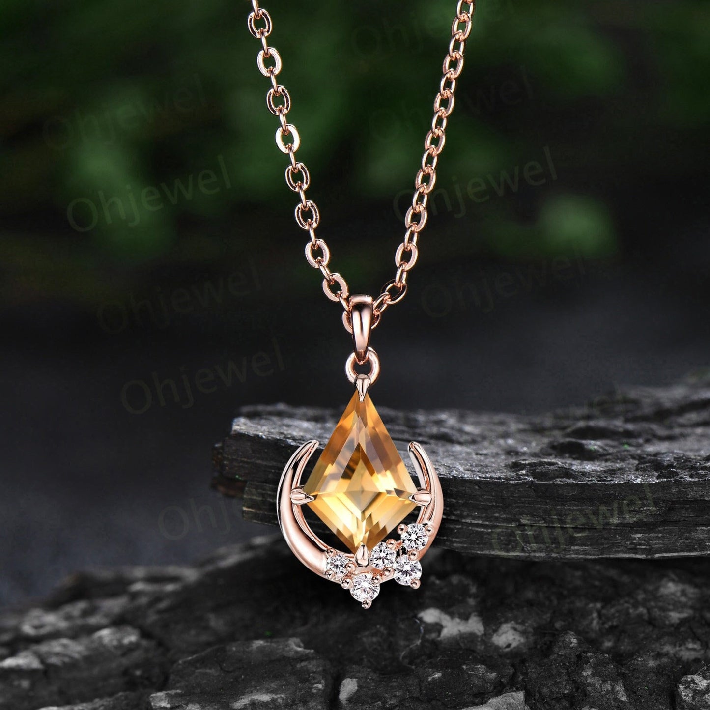Vintage kite cut yellow citrine necklace rose gold crystal antique moon snowdrift diamond Pendant anniversary gift for women gemstone