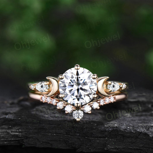 Round cut moissanite engagement ring set yellow gold five stone moon pear diamond promise wedding bridal ring set women jewelry