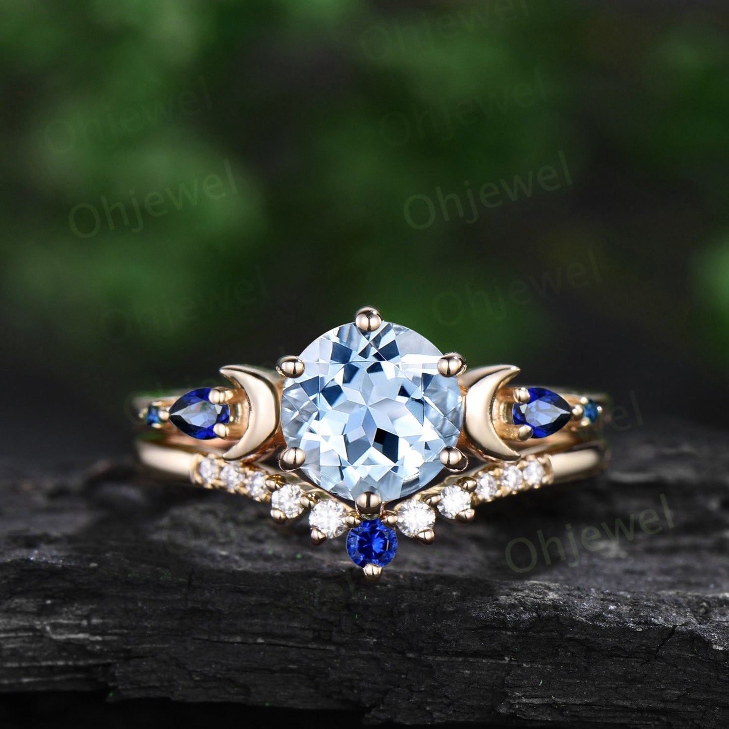 Round cut aquamarine ring vintage yellow gold five stone moon unique engagement ring sapphire bridal wedding ring set women jewelry gift