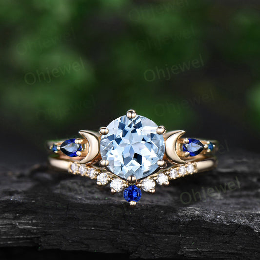 Round cut aquamarine ring vintage yellow gold five stone moon unique engagement ring sapphire bridal wedding ring set women jewelry gift